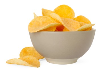 Photo of Tasty chips in bowl isolated on white