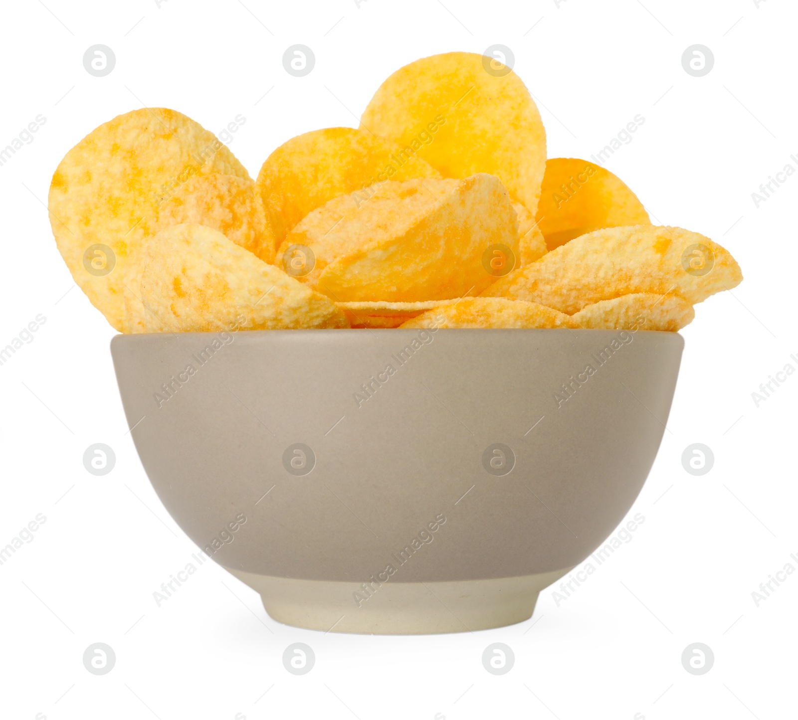 Tasty chips in bowl isolated on white Photo of Tasty chips in bowl isolated on white