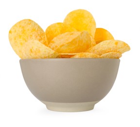 Photo of Tasty chips in bowl isolated on white