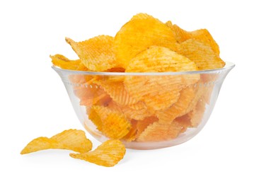 Photo of Tasty ridged chips in bowl isolated on white