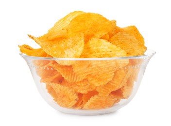 Photo of Tasty ridged chips in bowl isolated on white