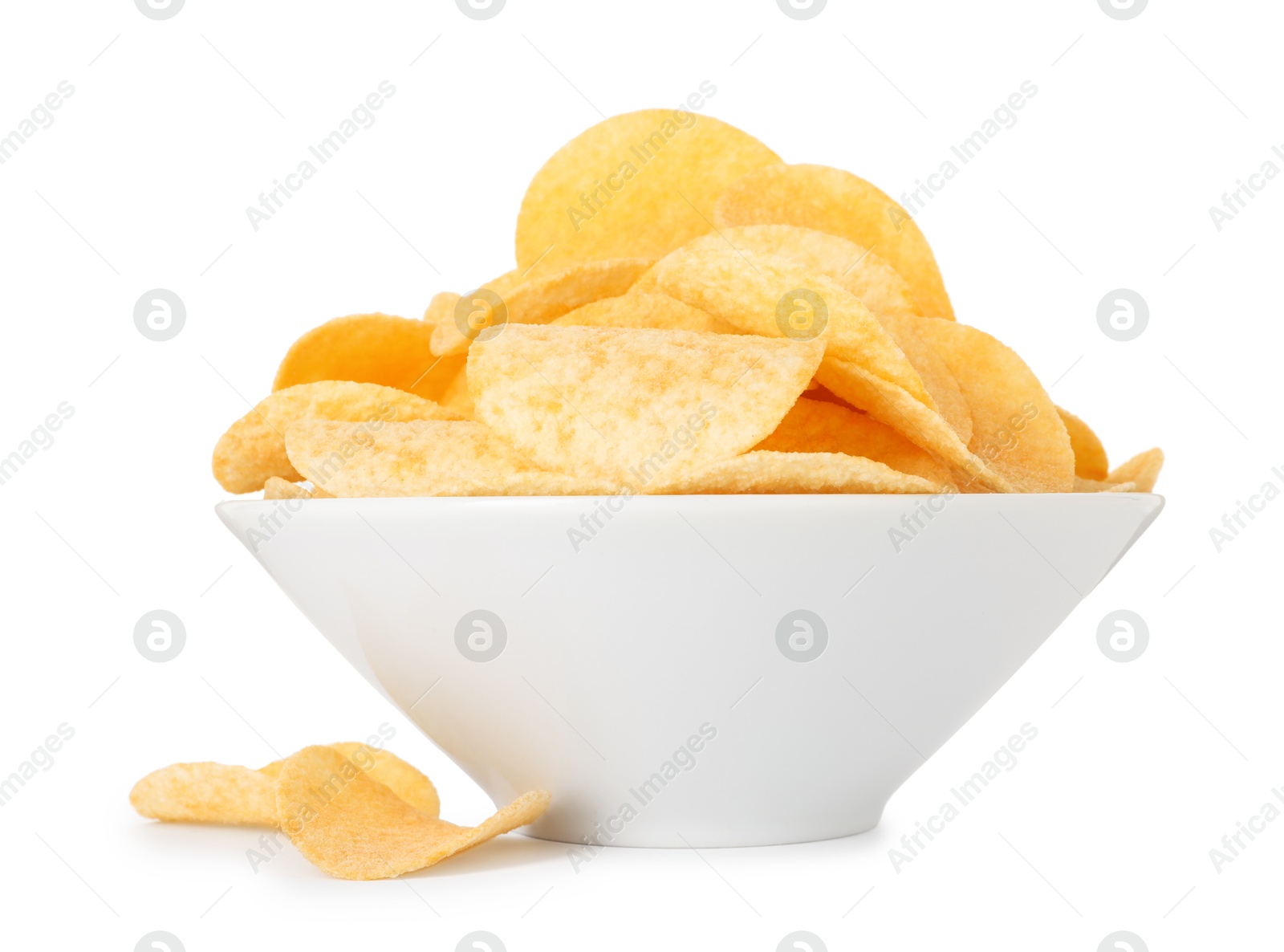 Tasty chips in bowl isolated on white Photo of Tasty chips in bowl isolated on white