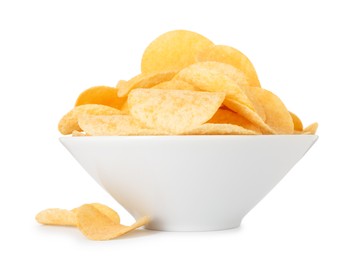 Photo of Tasty chips in bowl isolated on white