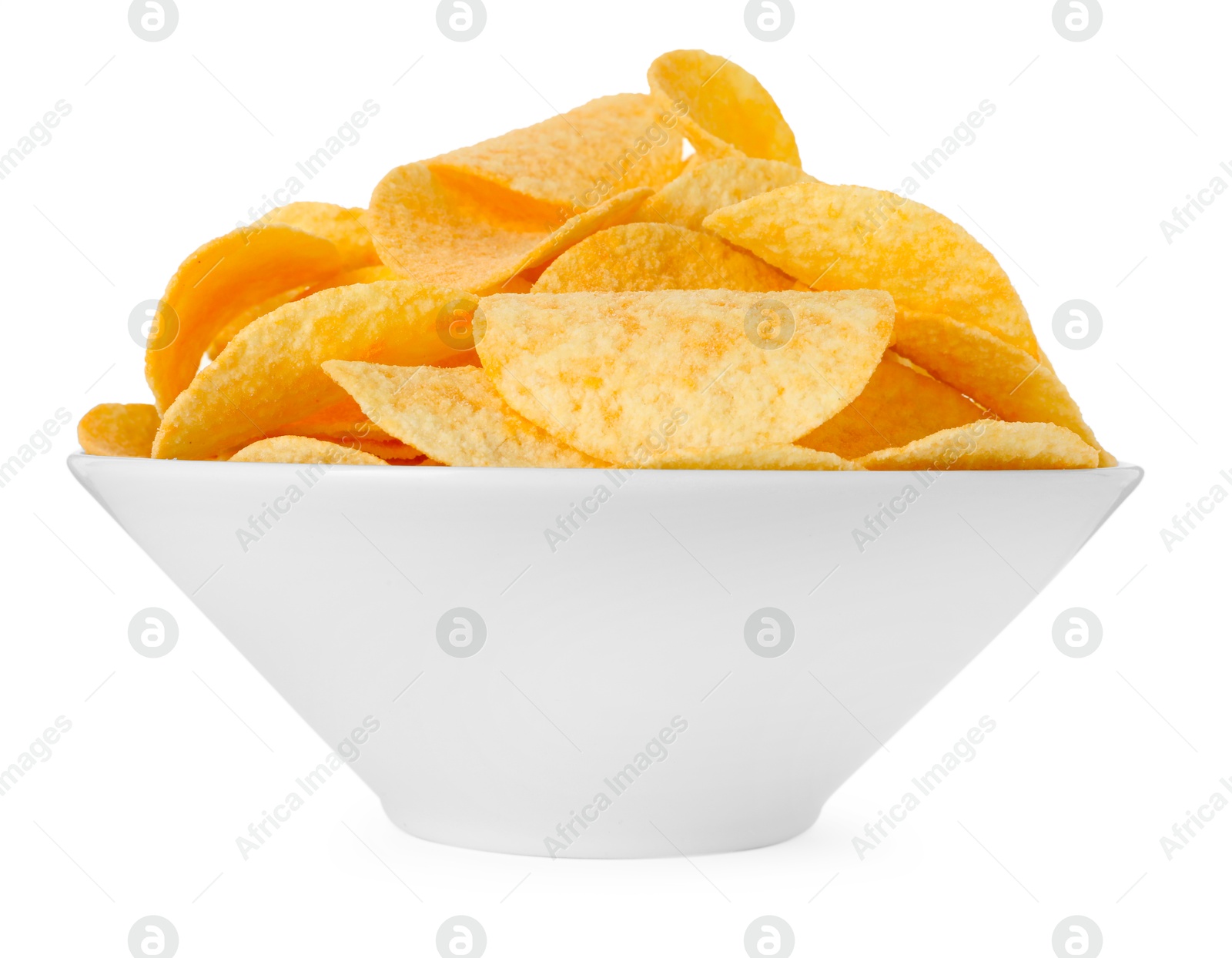 Tasty chips in bowl isolated on white Photo of Tasty chips in bowl isolated on white