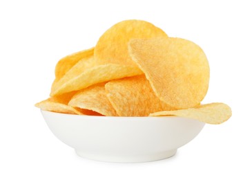 Photo of Tasty chips in bowl isolated on white