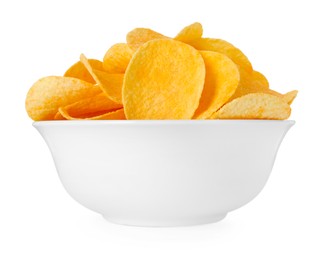 Photo of Tasty chips in bowl isolated on white