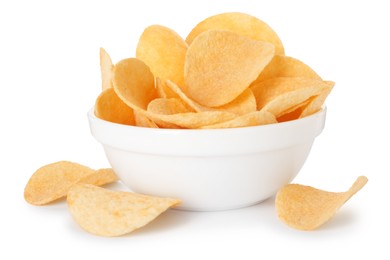 Photo of Tasty chips in bowl isolated on white