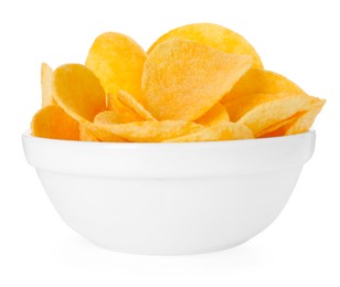 Photo of Tasty chips in bowl isolated on white