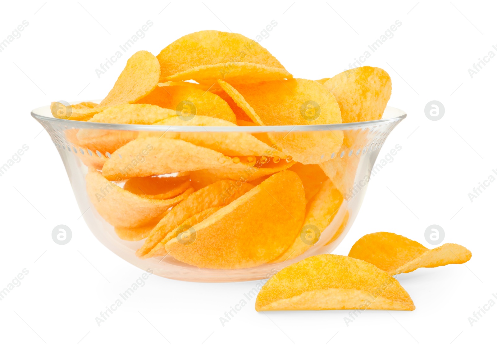 Tasty chips in bowl isolated on white Photo of Tasty chips in bowl isolated on white
