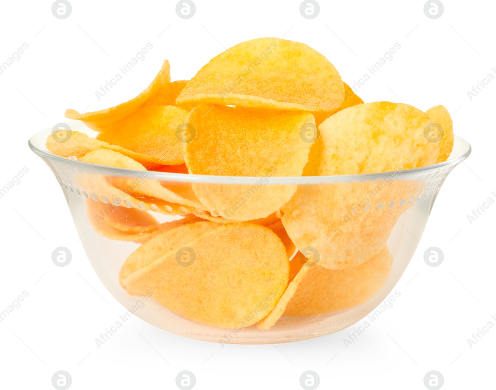 Tasty chips in bowl isolated on white Photo of Tasty chips in bowl isolated on white