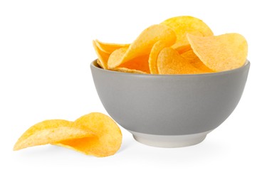 Photo of Tasty chips in bowl isolated on white