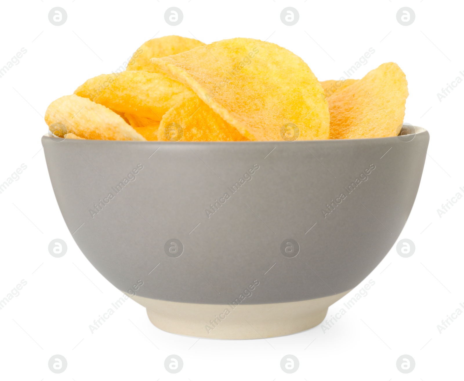 Tasty chips in bowl isolated on white Photo of Tasty chips in bowl isolated on white