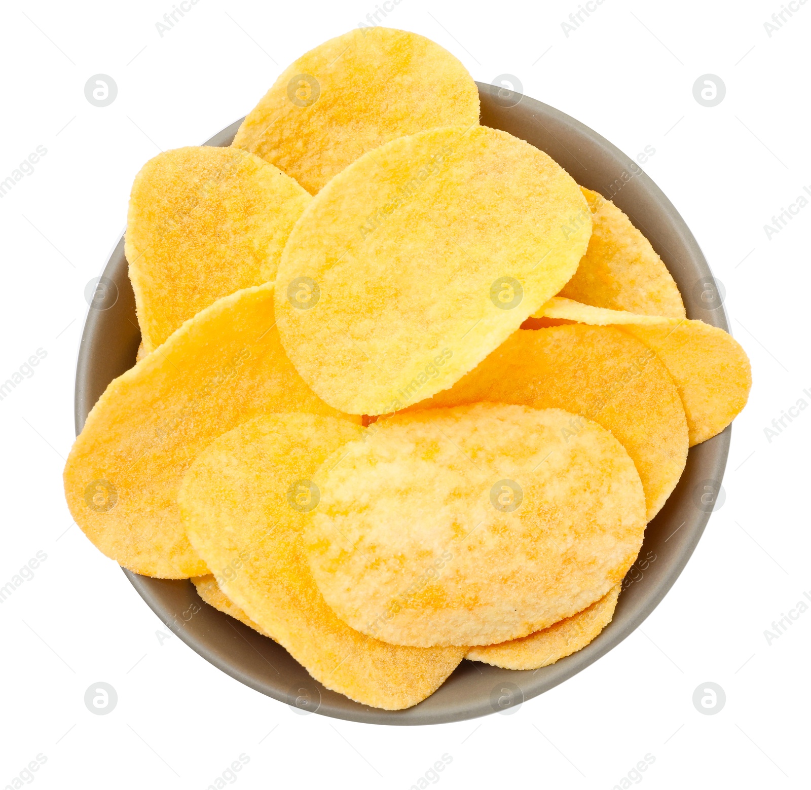 Tasty chips in bowl isolated on white, top view Photo of Tasty chips in bowl isolated on white, top view