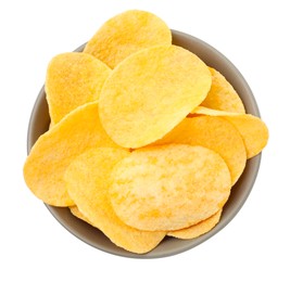 Photo of Tasty chips in bowl isolated on white, top view