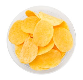 Photo of Tasty chips in bowl isolated on white, top view