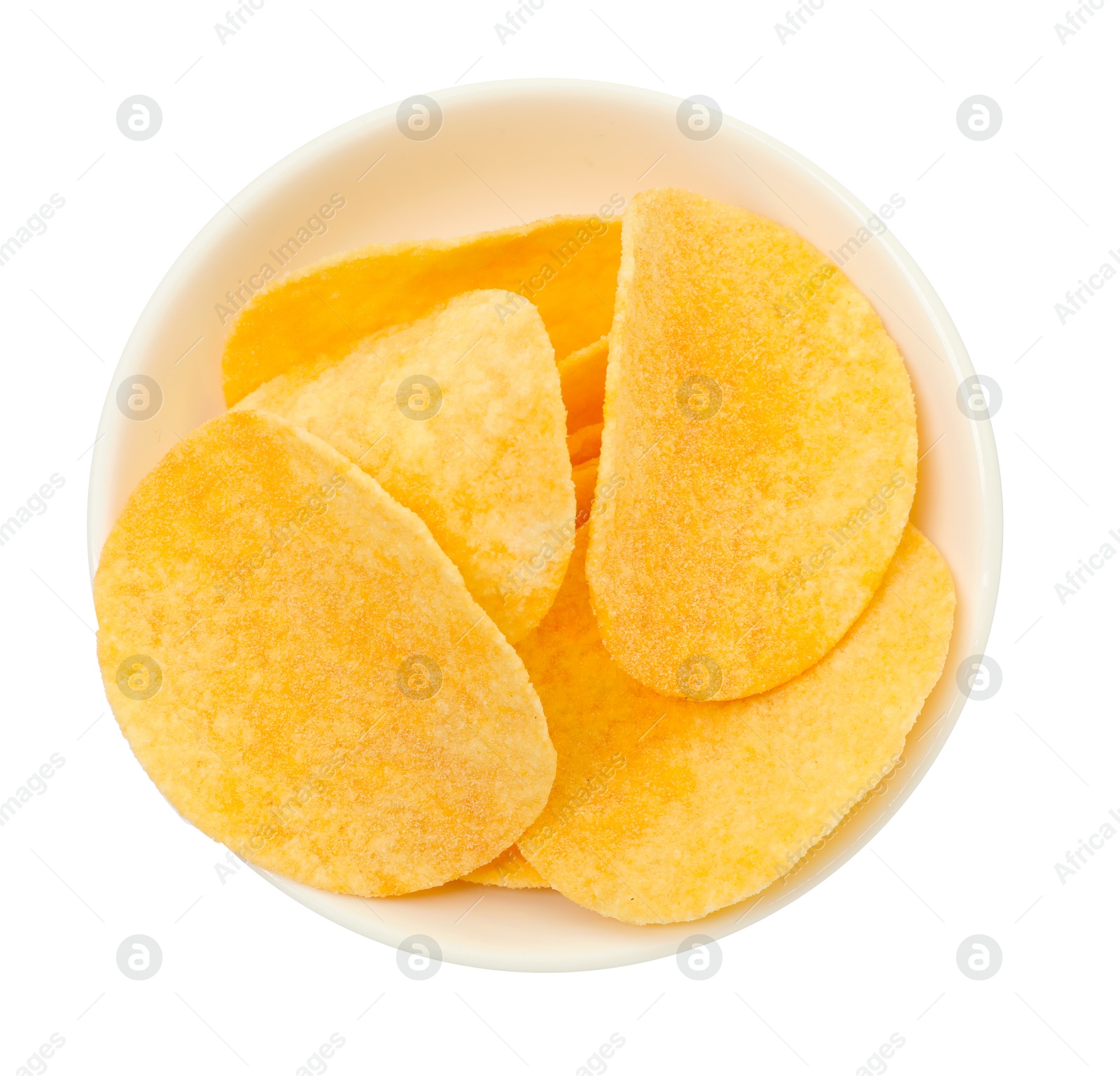 Tasty chips in bowl isolated on white, top view Photo of Tasty chips in bowl isolated on white, top view
