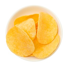 Photo of Tasty chips in bowl isolated on white, top view