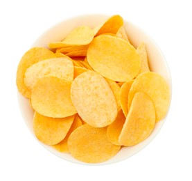 Photo of Tasty chips in bowl isolated on white, top view