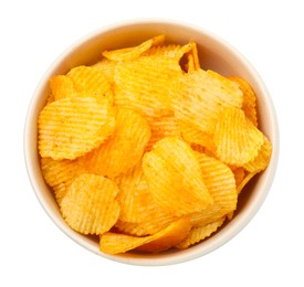 Photo of Tasty ridged chips in bowl isolated on white, top view