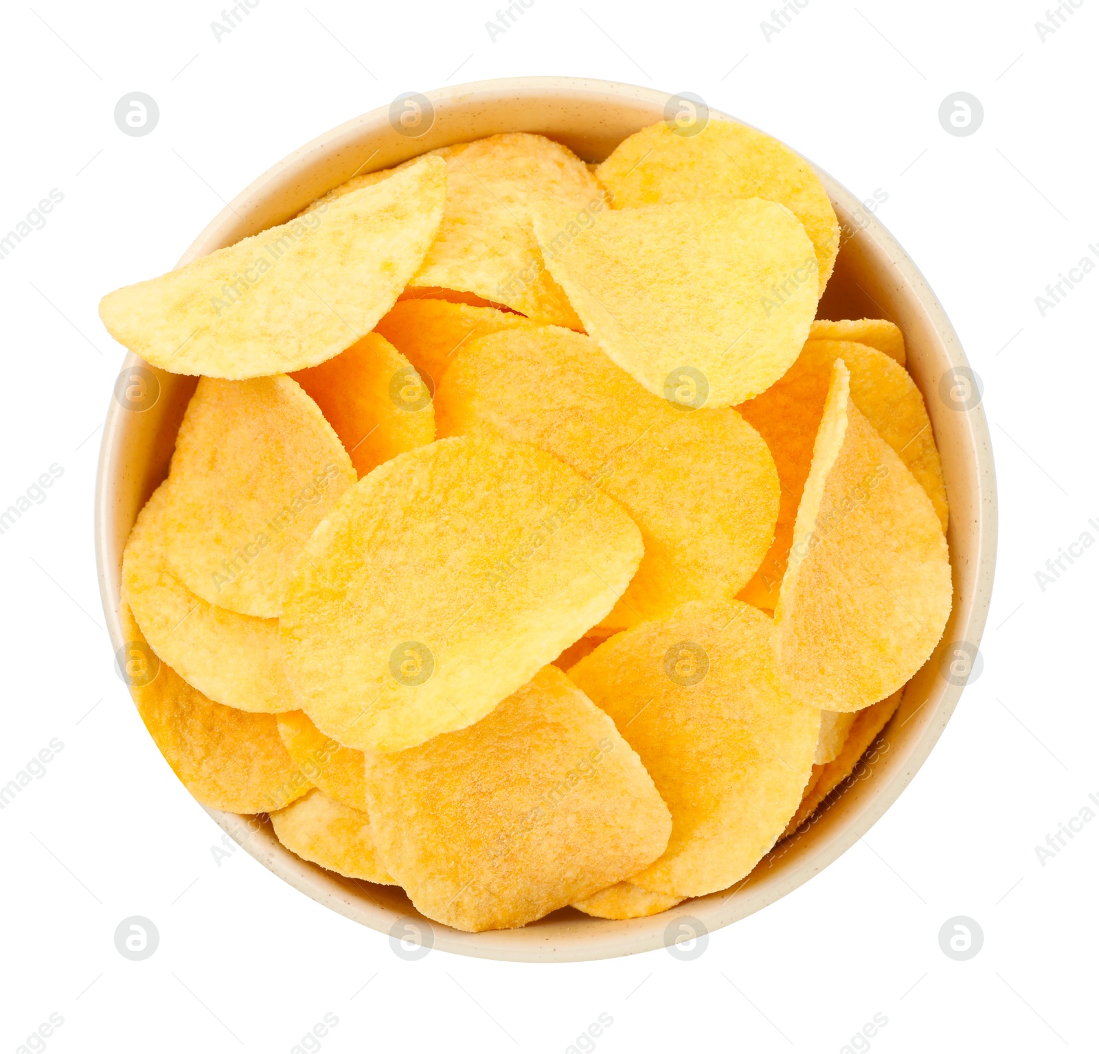 Tasty chips in bowl isolated on white, top view Photo of Tasty chips in bowl isolated on white, top view