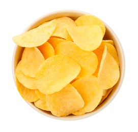 Photo of Tasty chips in bowl isolated on white, top view