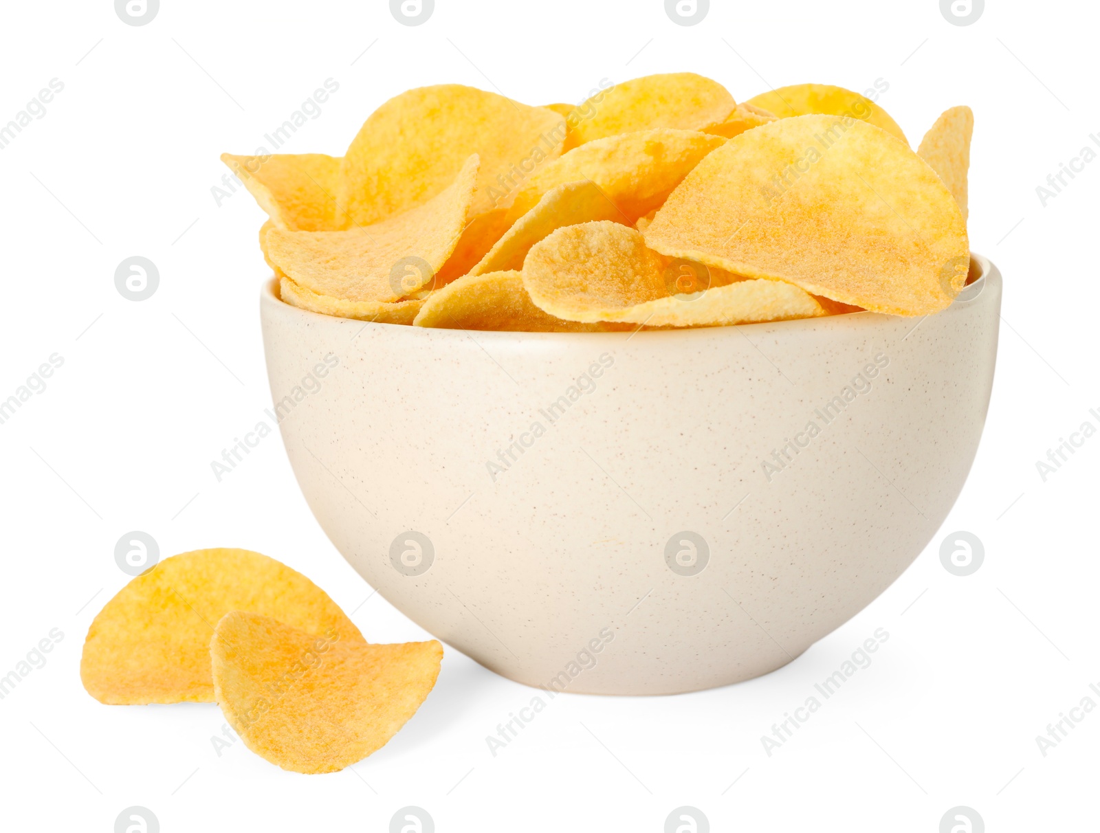 Tasty chips in bowl isolated on white Photo of Tasty chips in bowl isolated on white