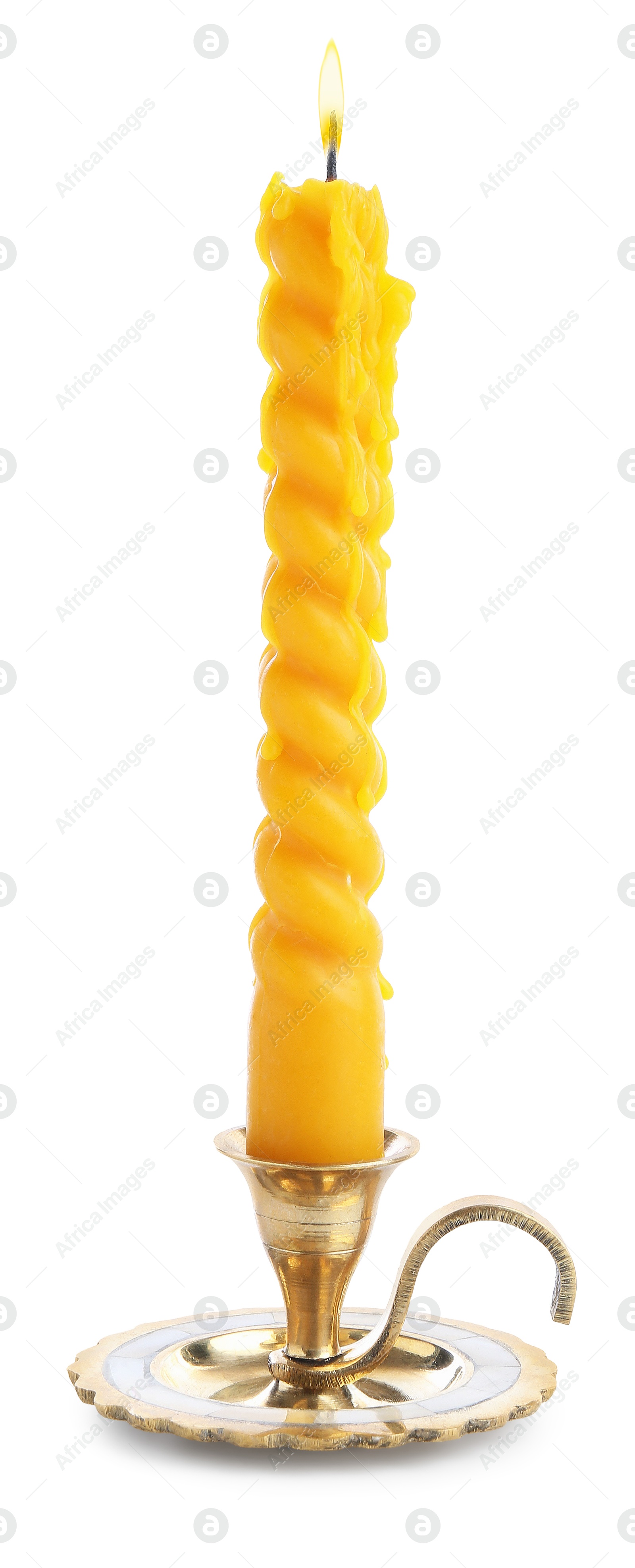 Burning candle in candlestick isolated on white Photo of Burning candle in candlestick isolated on white