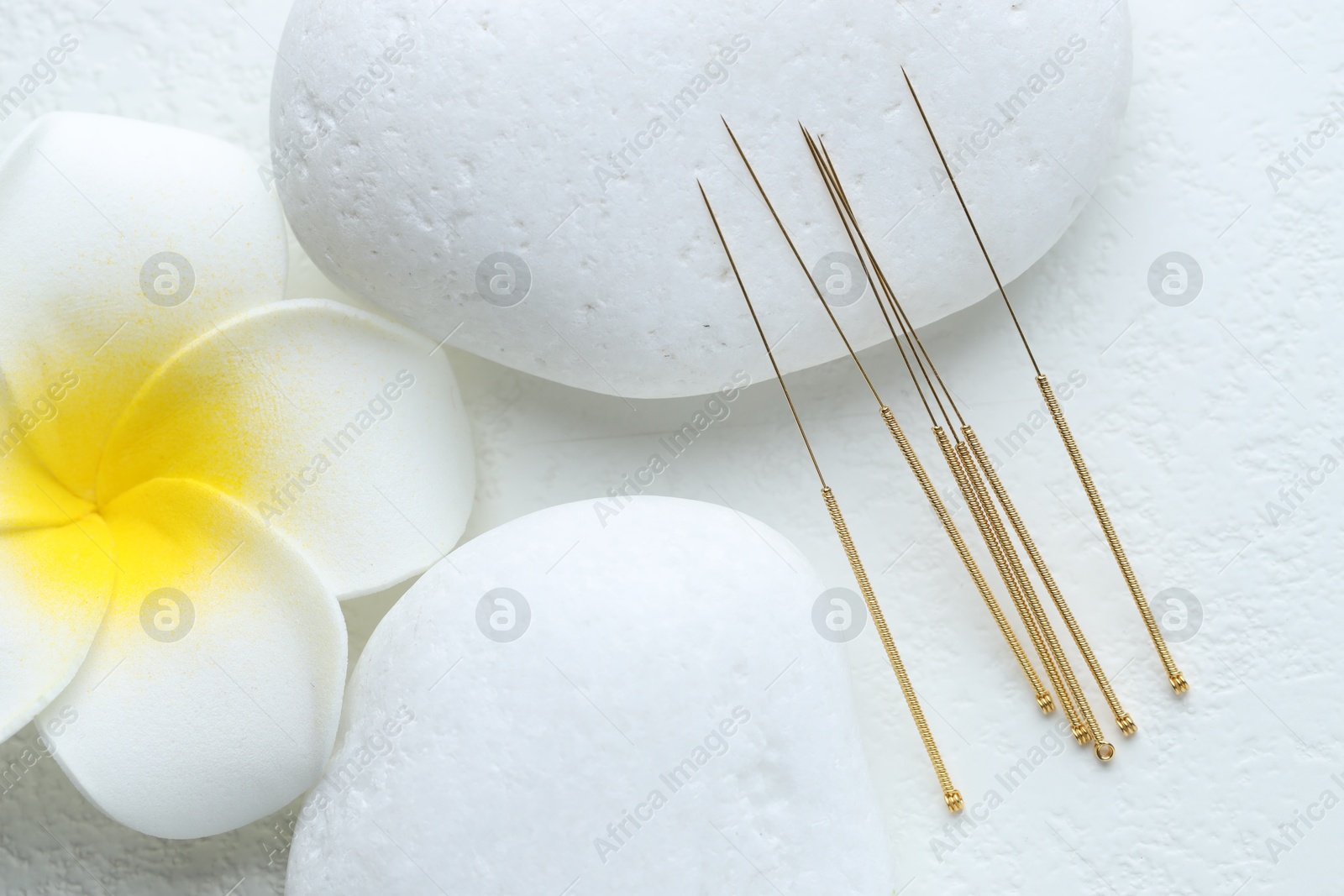 Acupuncture needles, spa stones and flower on white background, flat lay Photo of Acupuncture needles, spa stones and flower on white background, flat lay