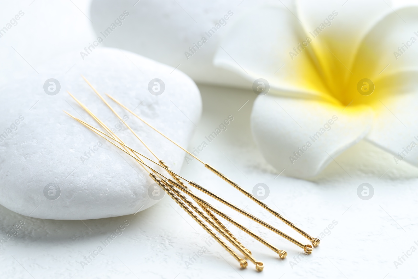 Acupuncture needles, spa stones and flower on white background, closeup Photo of Acupuncture needles, spa stones and flower on white background, closeup
