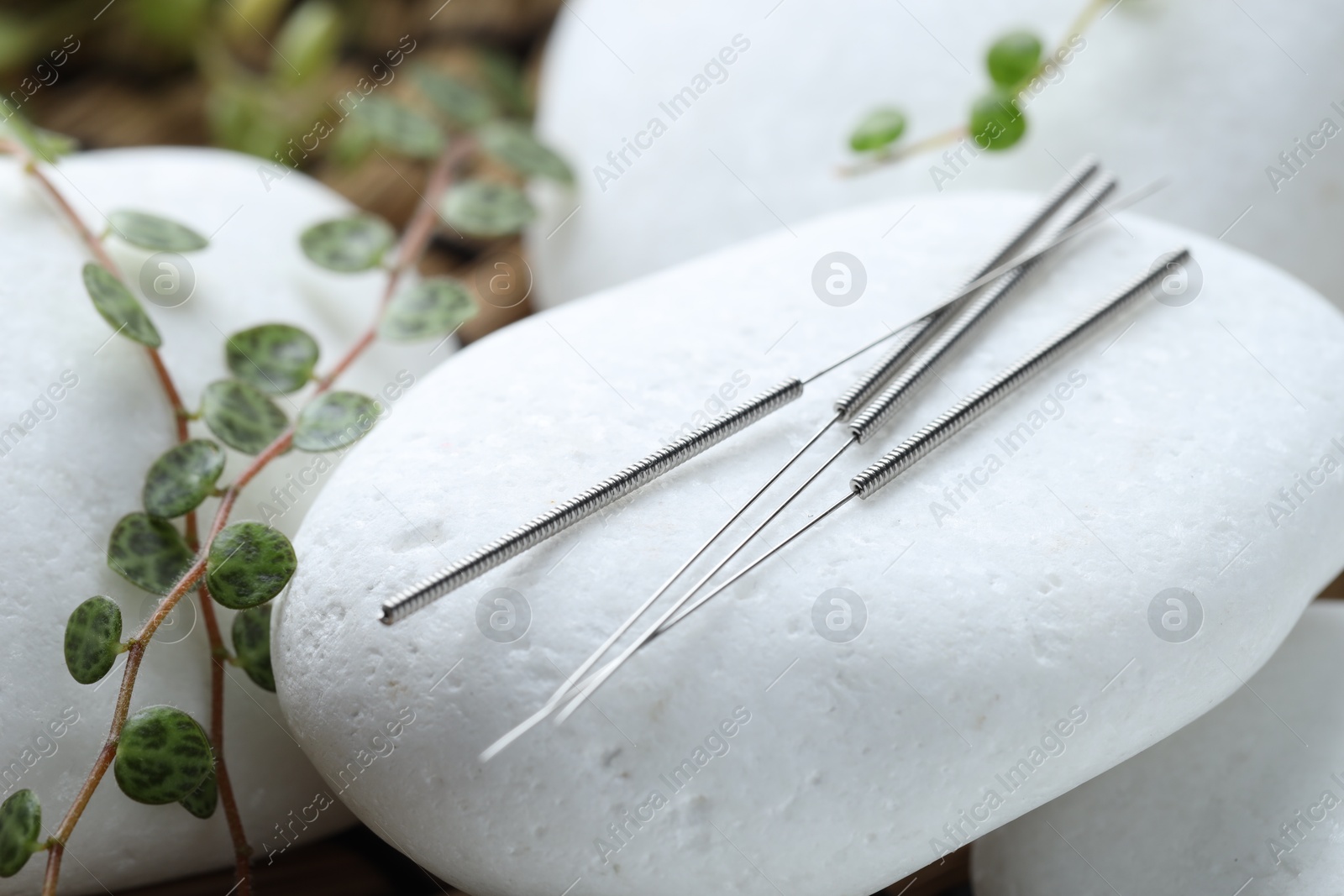 Acupuncture needles, spa stones and leaves on wicker mat, closeup Photo of Acupuncture needles, spa stones and leaves on wicker mat, closeup