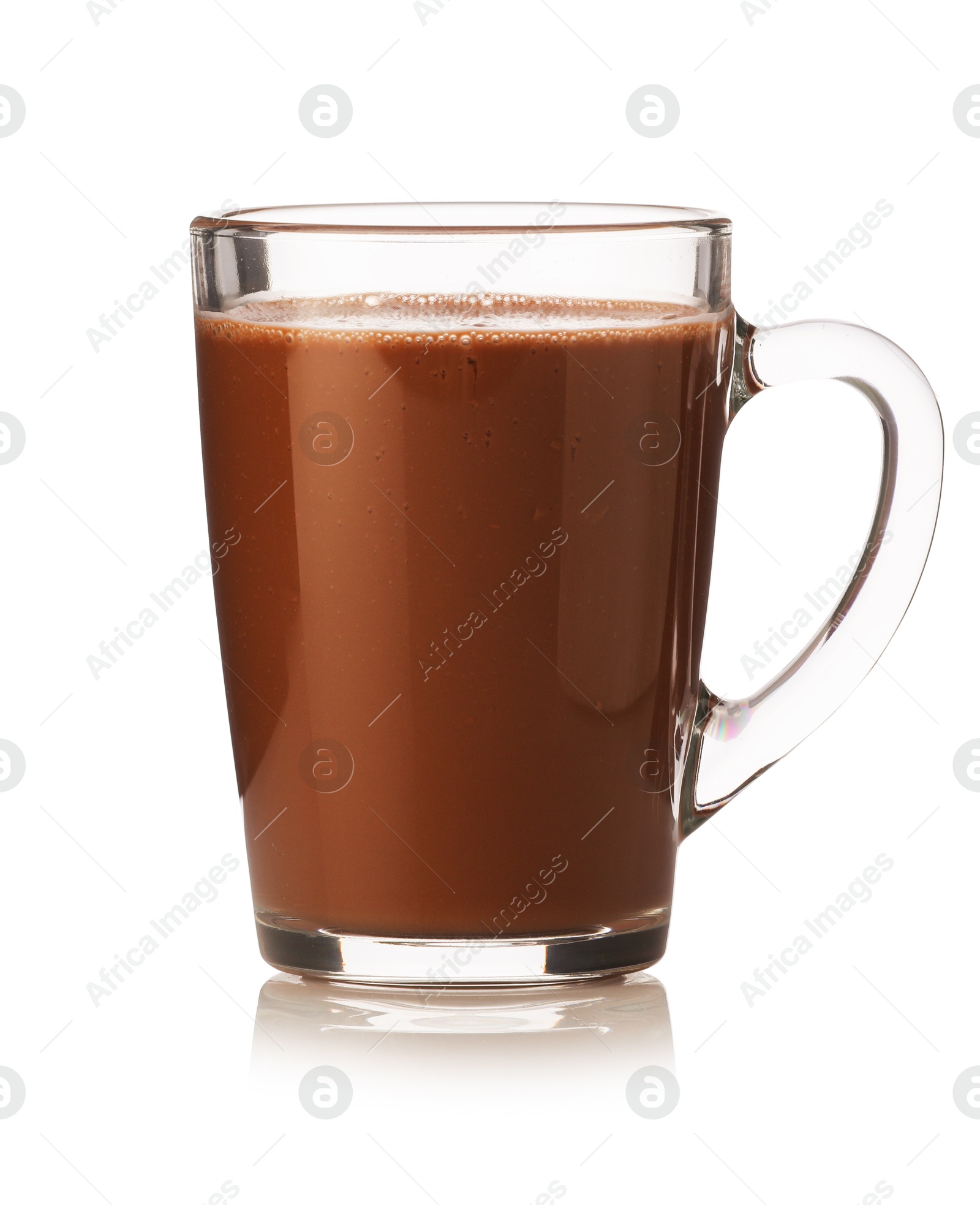 Tasty chocolate milk in glass cup isolated on white Photo of Tasty chocolate milk in glass cup isolated on white