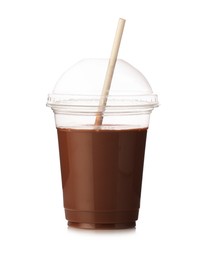 Photo of Tasty chocolate milk in plastic cup isolated on white