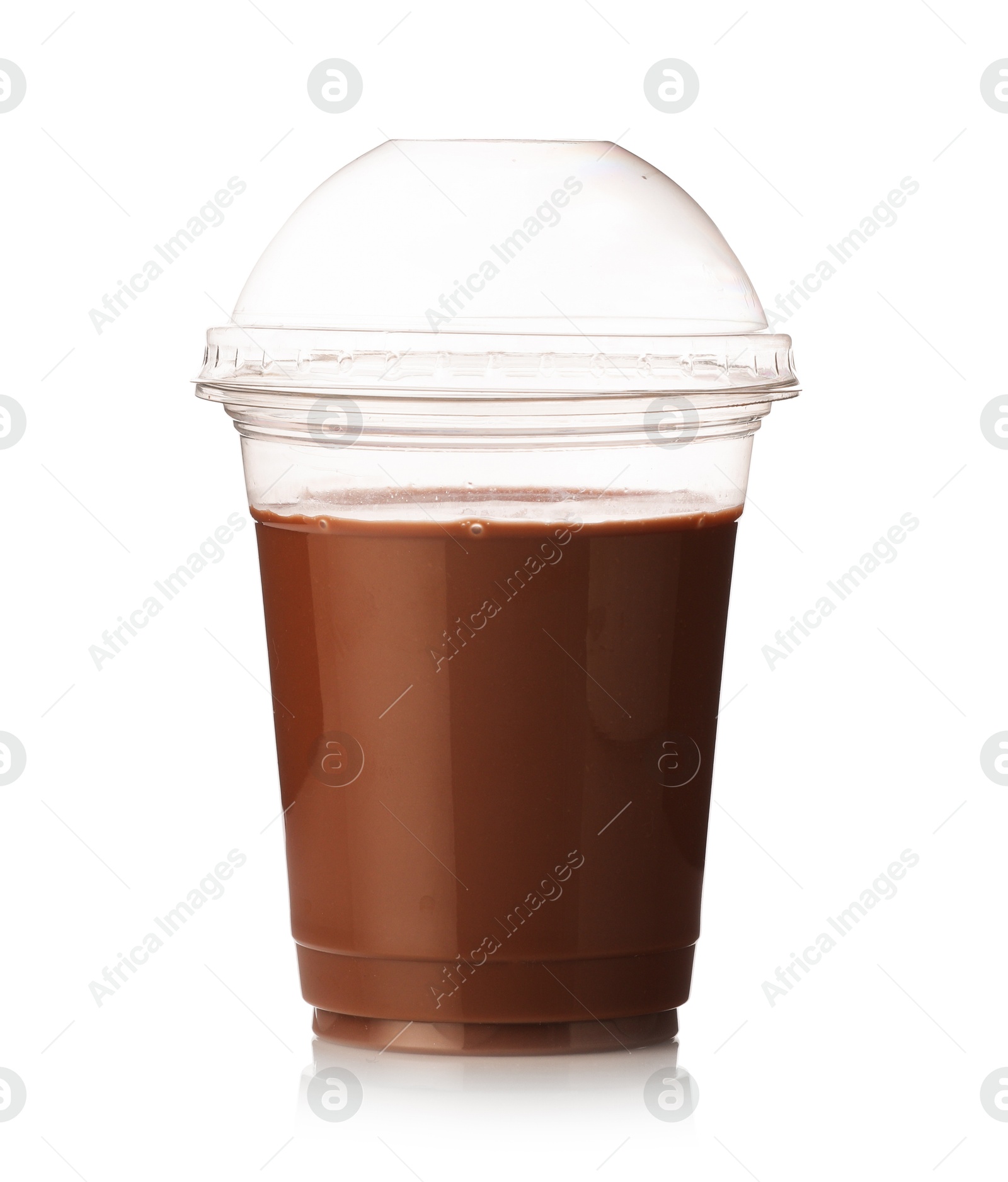 Photo of Tasty chocolate milk in plastic cup isolated on white
