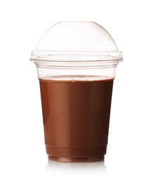 Photo of Tasty chocolate milk in plastic cup isolated on white