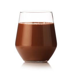 Photo of Tasty chocolate milk in glass isolated on white