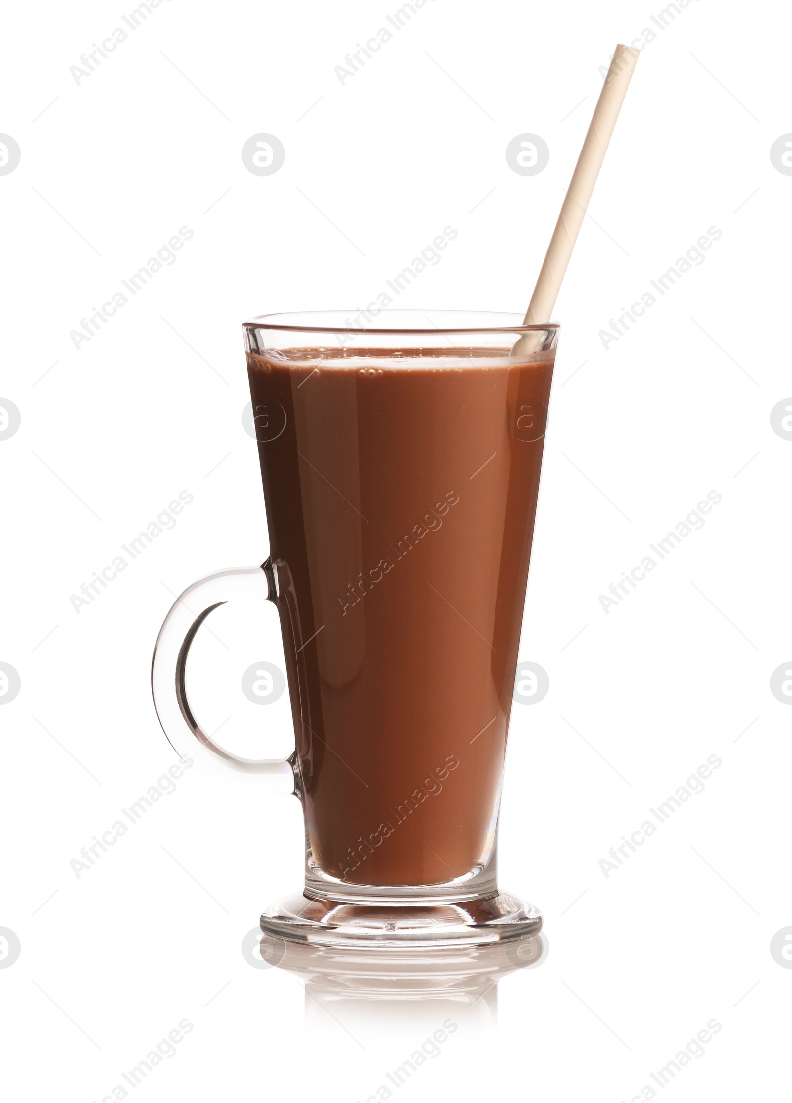 Tasty chocolate milk in glass mug isolated on white Photo of Tasty chocolate milk in glass mug isolated on white