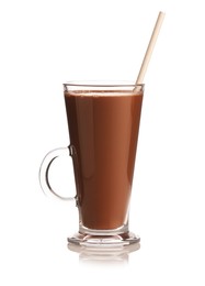 Photo of Tasty chocolate milk in glass mug isolated on white