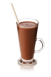 Photo of Tasty chocolate milk in glass mug isolated on white