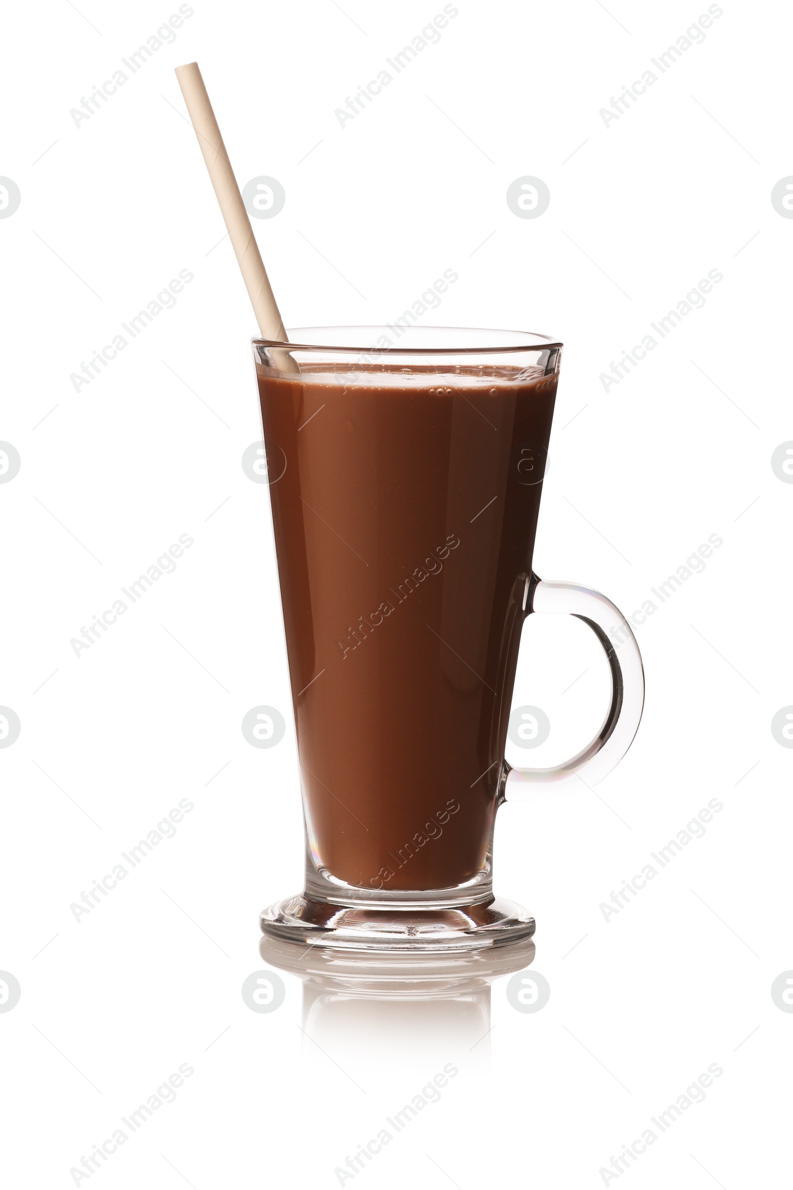 Tasty chocolate milk in glass mug isolated on white Photo of Tasty chocolate milk in glass mug isolated on white