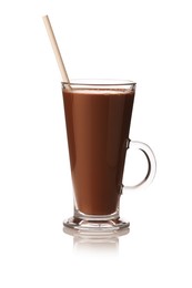Photo of Tasty chocolate milk in glass mug isolated on white