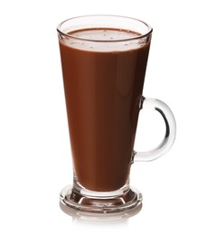 Photo of Tasty chocolate milk in glass mug isolated on white