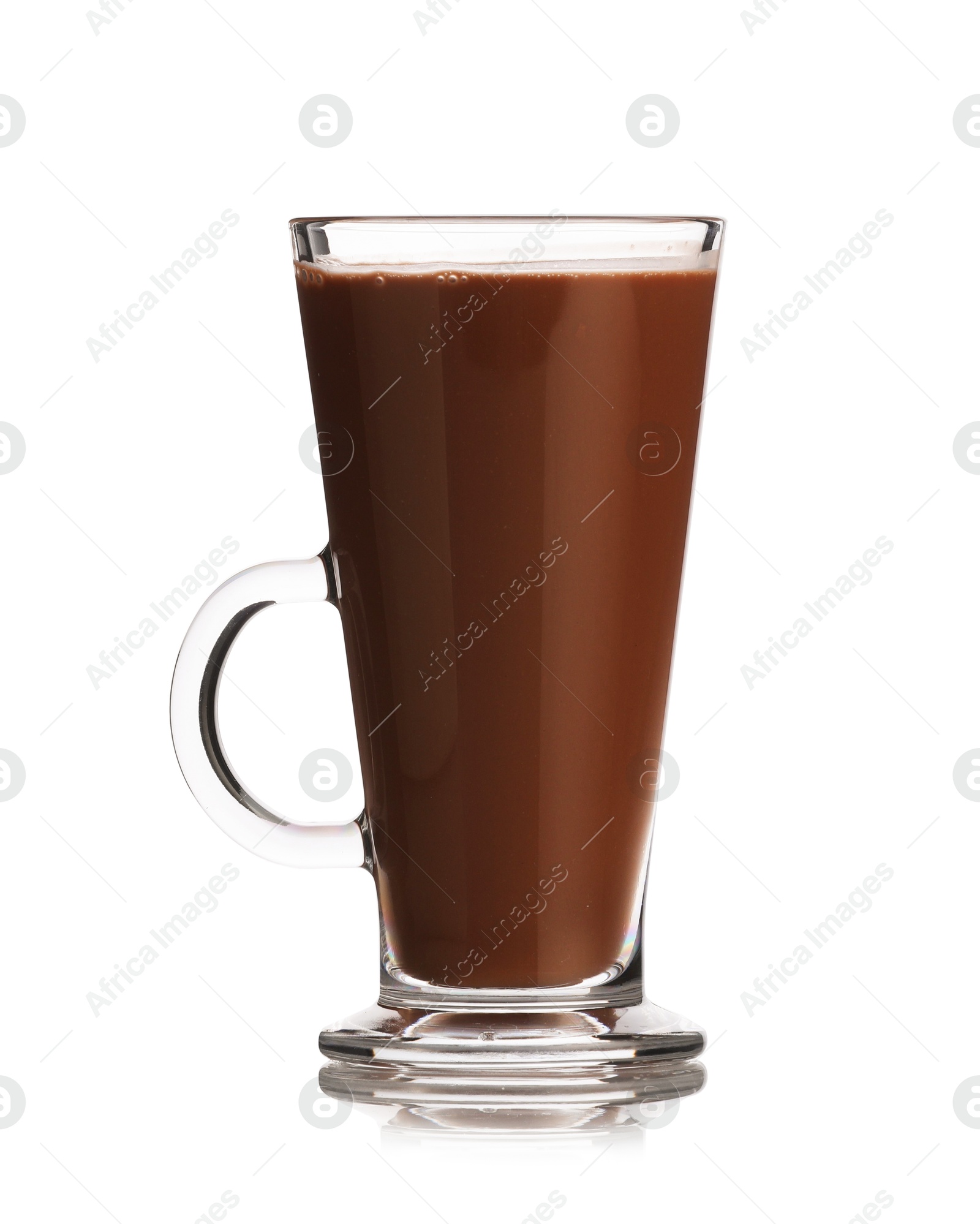 Tasty chocolate milk in glass mug isolated on white Photo of Tasty chocolate milk in glass mug isolated on white