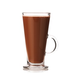 Photo of Tasty chocolate milk in glass mug isolated on white
