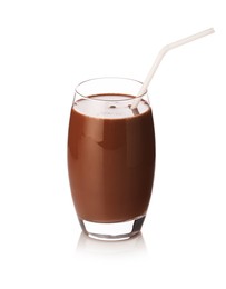 Photo of Tasty chocolate milk in glass isolated on white