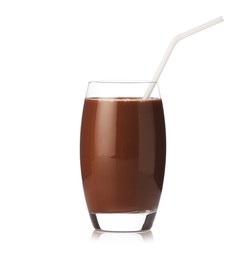 Photo of Tasty chocolate milk in glass isolated on white