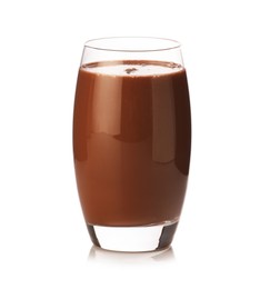 Photo of Tasty chocolate milk in glass isolated on white