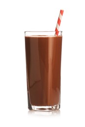 Photo of Tasty chocolate milk in glass isolated on white