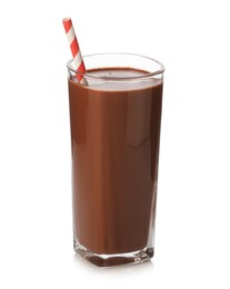 Photo of Tasty chocolate milk in glass isolated on white