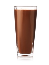 Photo of Tasty chocolate milk in glass isolated on white