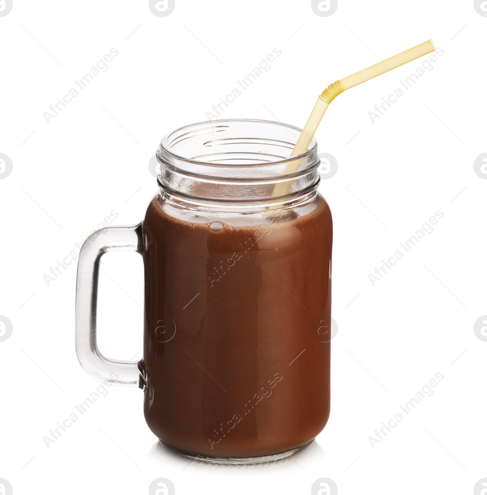Tasty chocolate milk in glass mason jar isolated on white Photo of Tasty chocolate milk in glass mason jar isolated on white